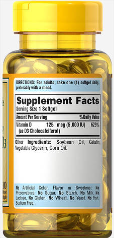 Вітамін D3 для кісток і зубів Puritan's Pride Vitamin D3 125 mcg 5000 IU 100 softgels, фото 3