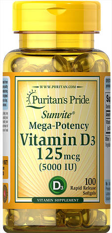 Вітамін D3 для кісток і зубів Puritan's Pride Vitamin D3 125 mcg 5000 IU 100 softgels, фото 1