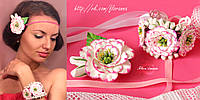 "Розовые эустомы" (заколка+браслет) украшения для девушки с цветами из полимерной глины