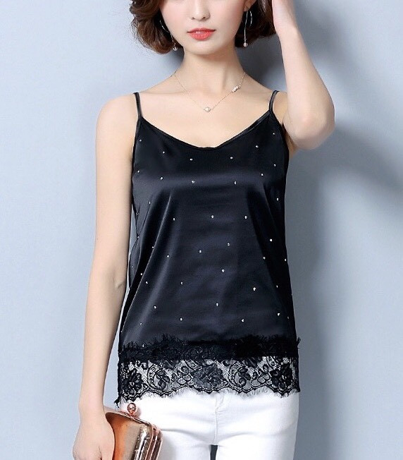 Шовкова майка з мереживом і стразами, фото 1