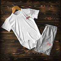 Чоловічий комплект футболка + шорти supreme білого і сірого кольору (люкс) S