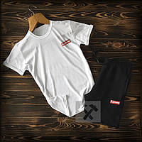 Чоловічий комплект футболка + шорти supreme білого і чорного кольору (люкс) S