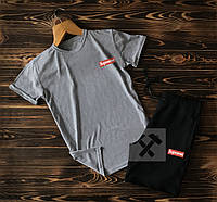 Чоловічий комплект футболка + шорти supreme сірого і чорного кольору (люкс) S