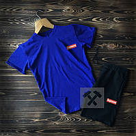 Чоловічий комплект футболка + шорти supreme синього кольору (люкс) S