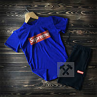 Чоловічий комплект футболка + шорти supreme синього і чорного кольору (люкс) S