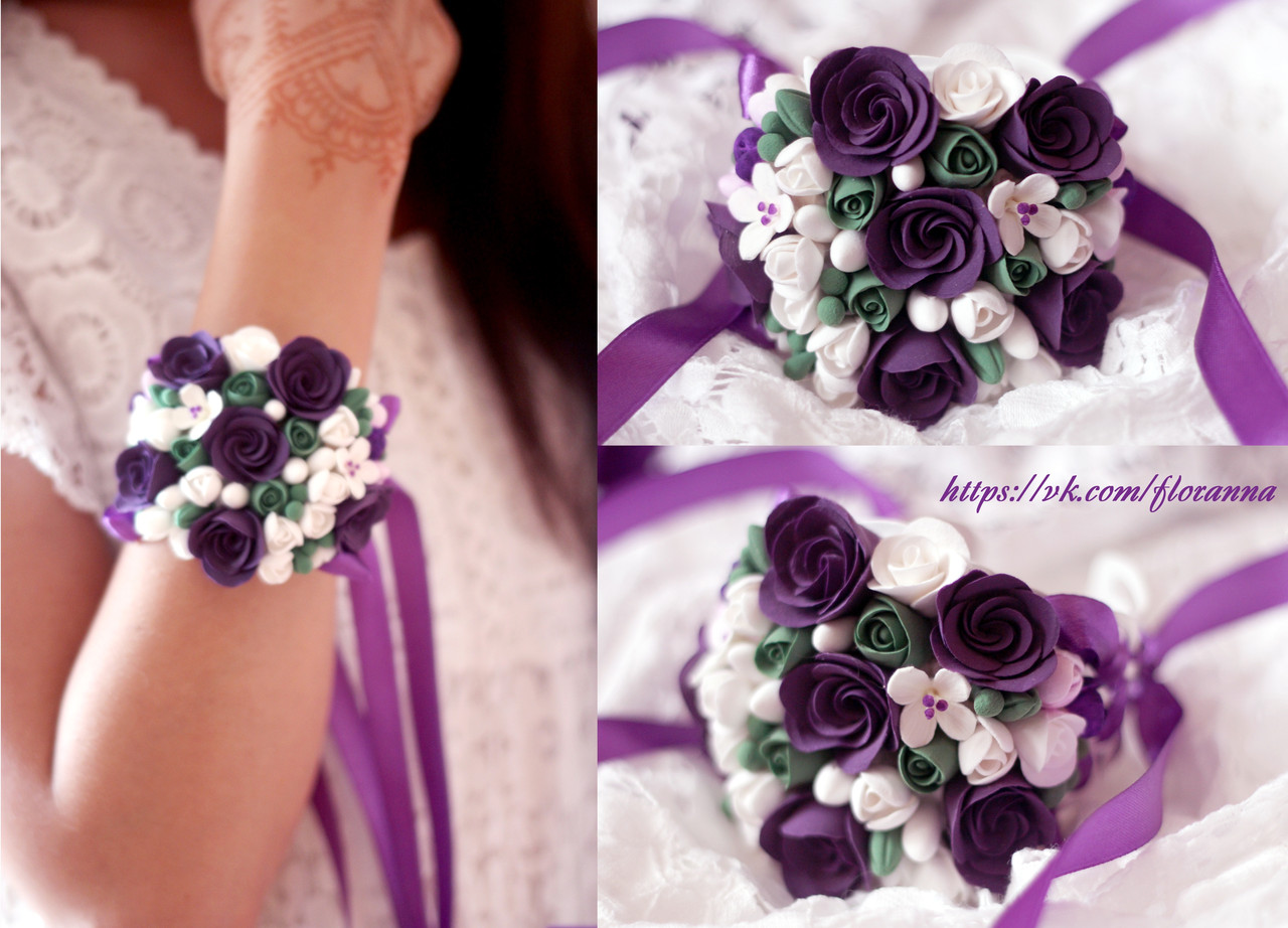 "Сказочный фиолет" браслет на руку с цветами из полимерной глины - фото 1 - id-p91438352