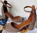 Goldi ! Ніжні елегантні та зручні літні жіночі туфлі, босоніжки каблук 6,5 см замша бежева, фото 3