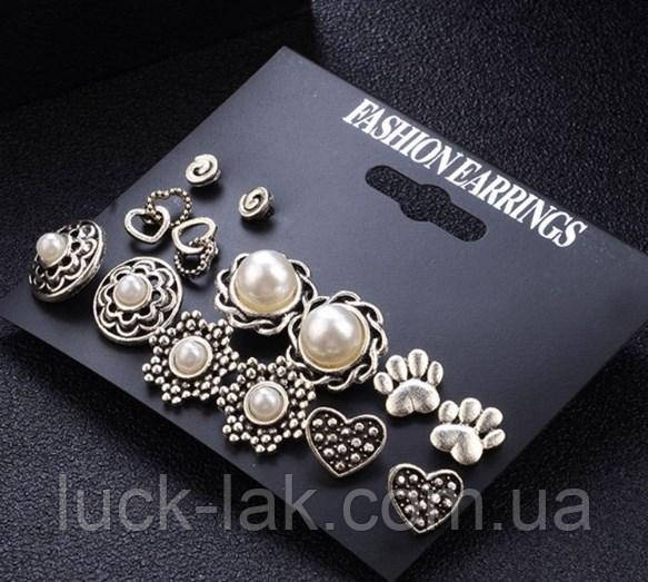 Сережки гвоздики набір 7 пар "Розалія", колір срібло, фото 1