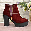 Замшеві черевики на стійкому каблуці, колір бордо, фото 2