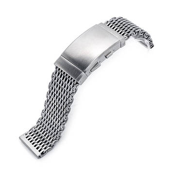 22mm Winghead SHARK Mesh Band Stainless Steel Watch Bracelet, Wetsuit Ratchet Buckle, Brushed