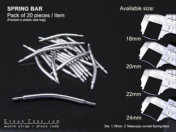 18, 19, 20, 21, 22, 24mm Curved Spring Bars Double Shoulder 1.78 mm Dia. (pack of 20 pieces)