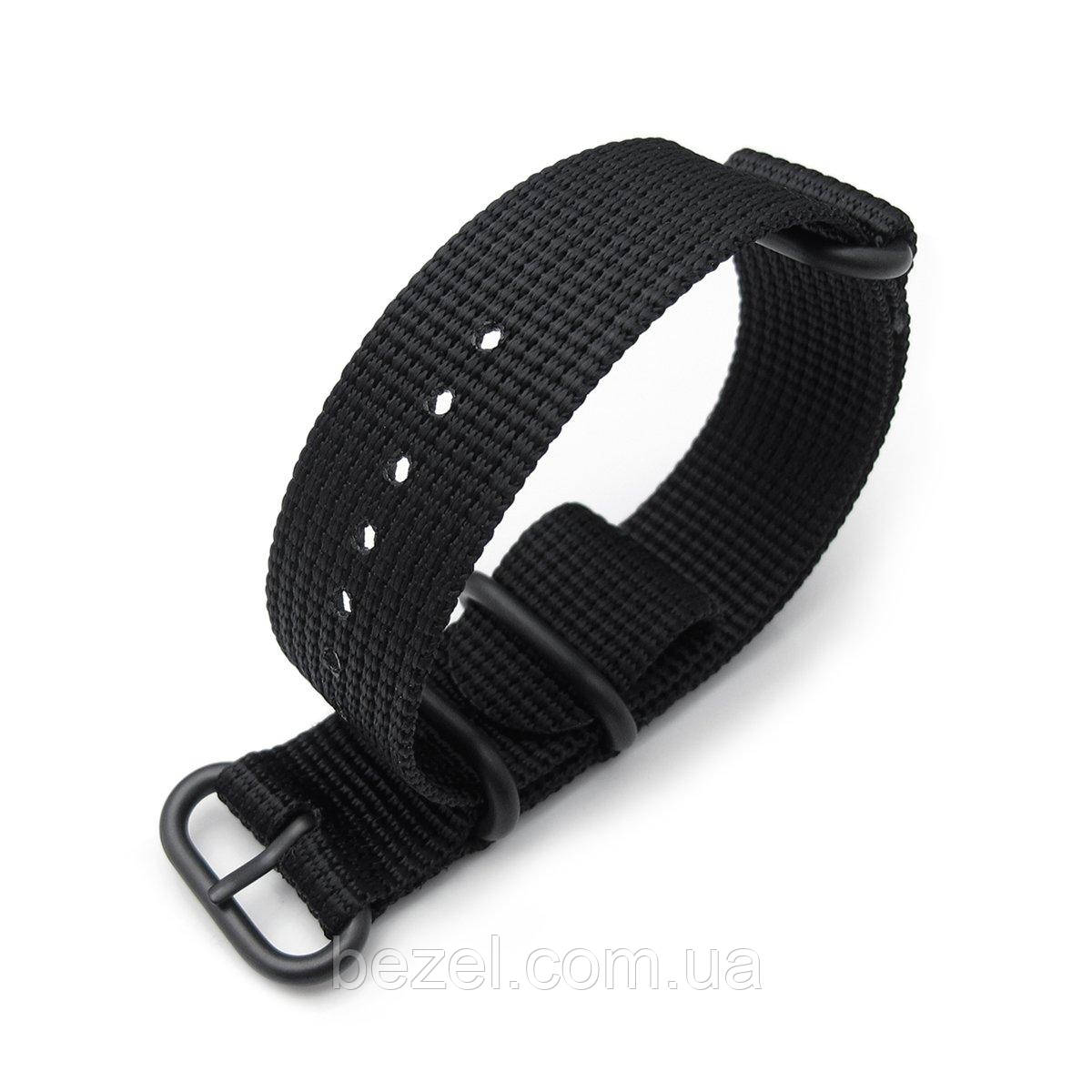 MiLTAT 3 Rings Zulu military watch strap 3D woven nylon armband - Black, PVD Black, 18mm to 26mm