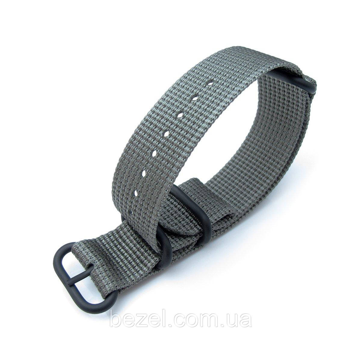 MiLTAT 20mm, 22mm or 26mm 3 Rings Zulu military watch strap 3D woven nylon armband - Grey, PVD Black Hardware