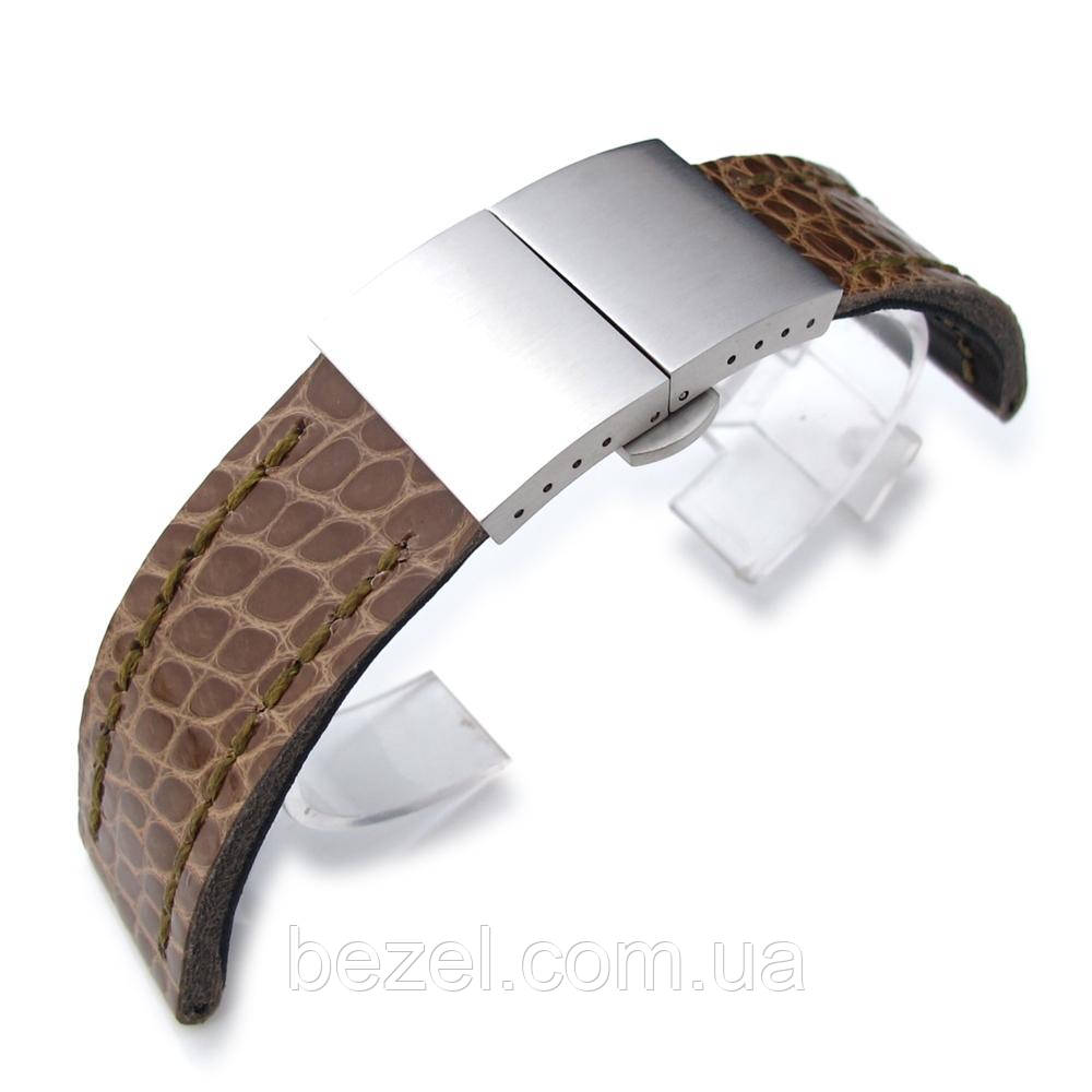 22mm MiLTAT Shinny Ash Brown Geniune Alligator Watch Band, Green Wax Hand Stitch, Brushed Dome Deployant Clasp