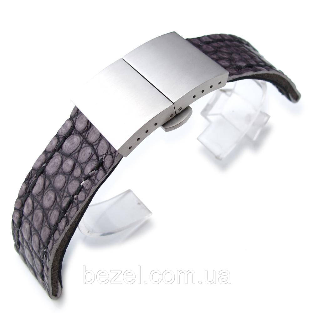 22mm MiLTAT Grey Siltstone Geniune Alligator Watch Band, Black Wax Hand Stitch, Brushed Dome Deployant Clasp