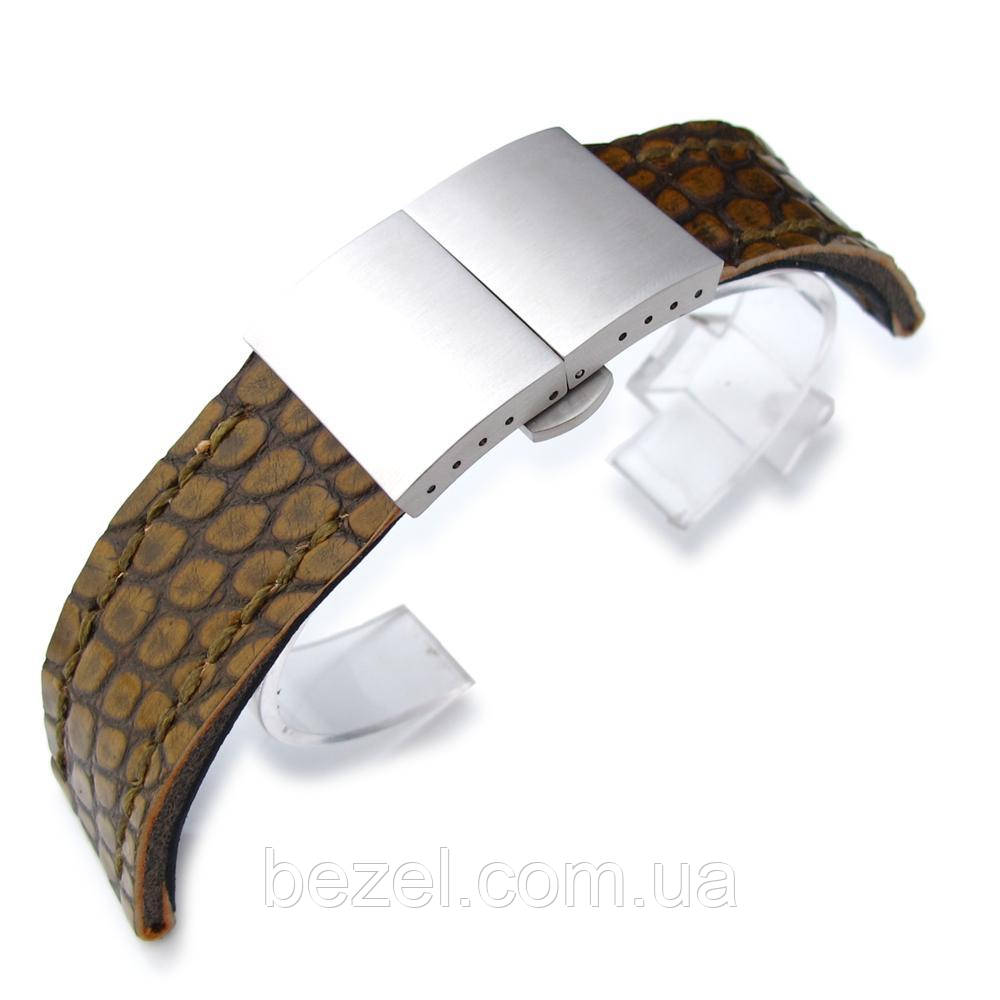 22mm MiLTAT Rusty Rock Geniune Alligator Watch Band, Green Wax Hand Stitch, Brushed Dome Deployant Clasp