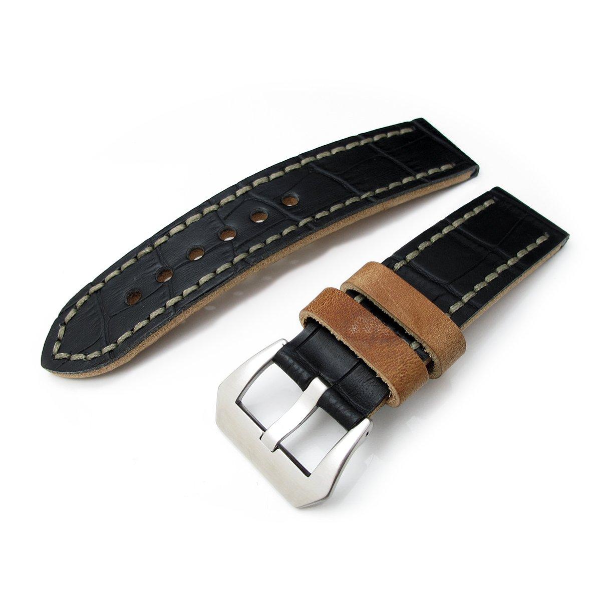 22mm MiLTAT Antipode Watch Strap Matte Black CrocoCalf in Grey Hand Stitches, фото 1