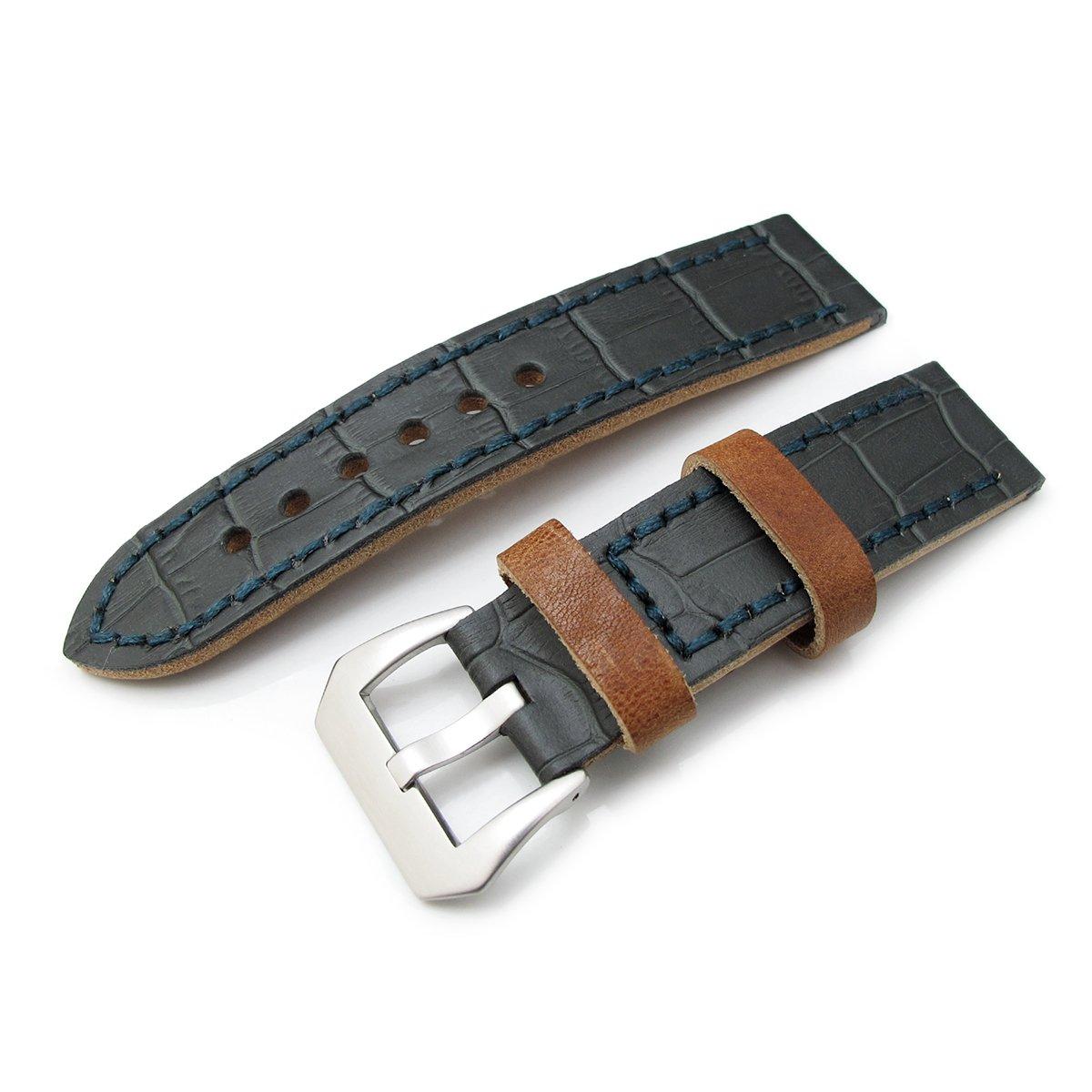 22mm MiLTAT Antipode Watch Strap Dark Grey CrocoCalf in Blue Lake Hand Stitches, фото 1