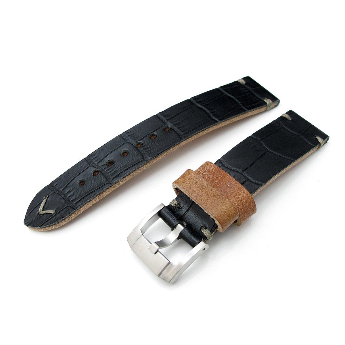 20mm MiLTAT Antipode Watch Strap Matte Black CrocoCalf in Grey Hand Stitches, фото 1