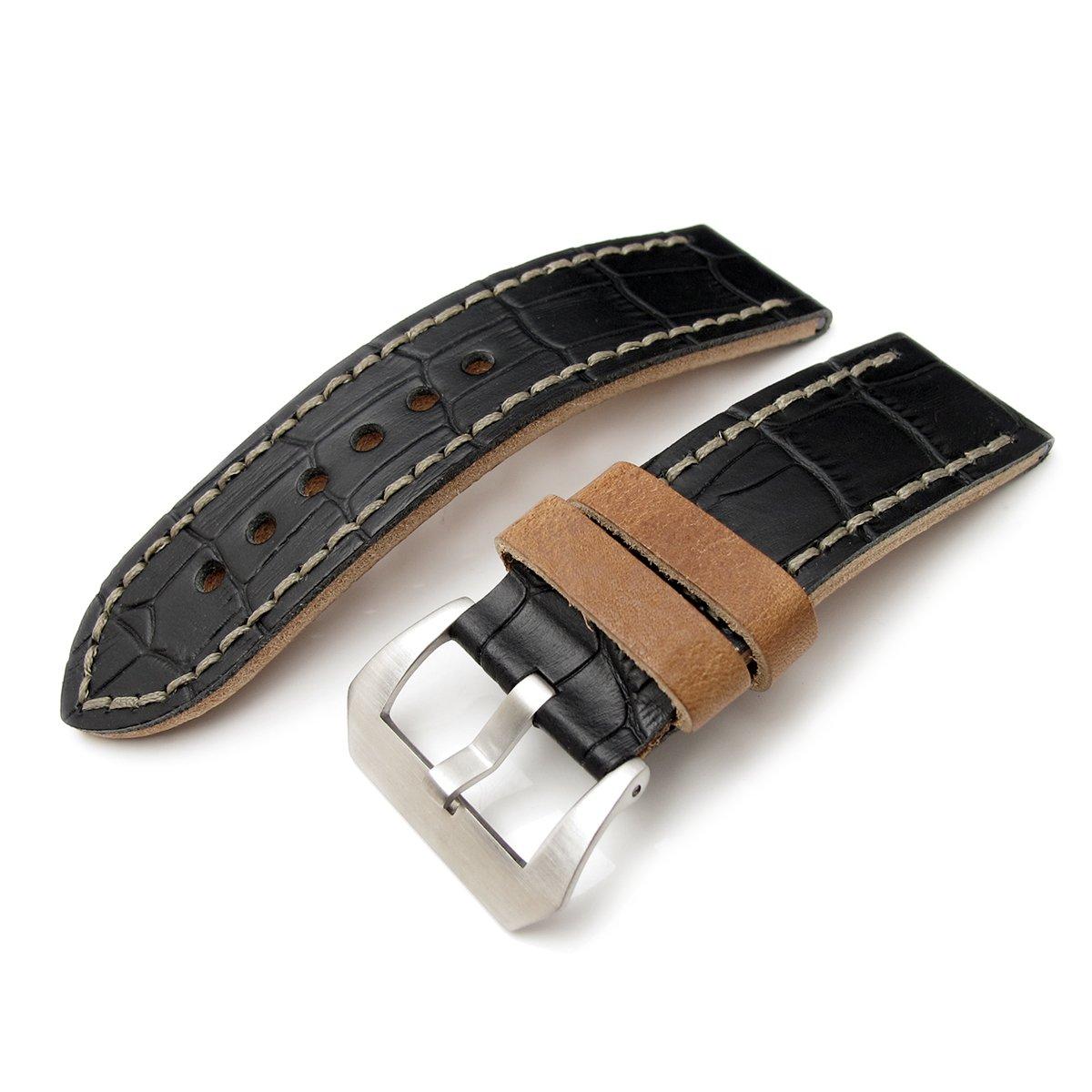 26mm MiLTAT Antipode Watch Strap Matte Black CrocoCalf in Grey Hand Stitches, фото 1