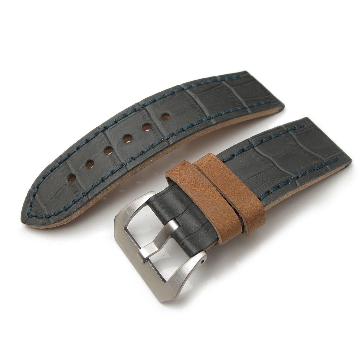 26mm MiLTAT Antipode Watch Strap Dark Grey CrocoCalf in Blue Lake Hand Stitches, фото 1