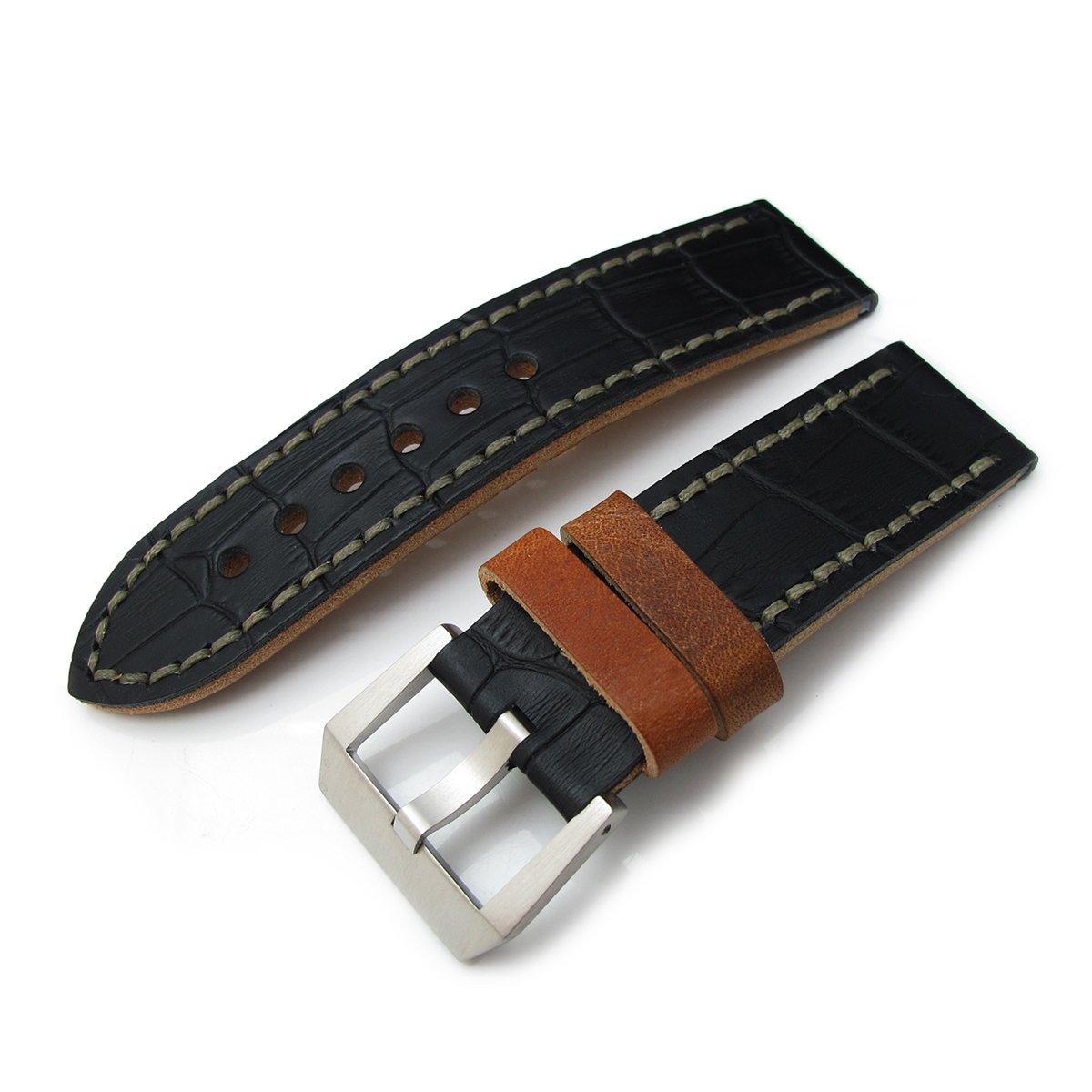 24mm MiLTAT Antipode Watch Strap Matte Black CrocoCalf in Grey Hand Stitches, фото 1