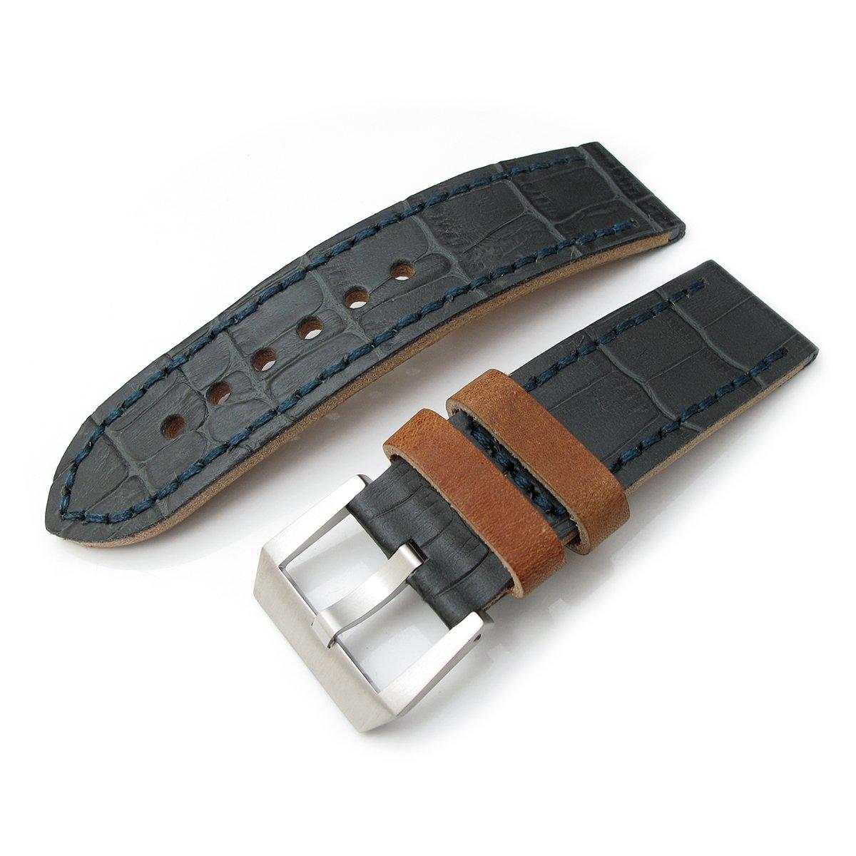 24mm MiLTAT Antipode Watch Strap Dark Grey CrocoCalf in Blue Lake Hand Stitches, фото 1