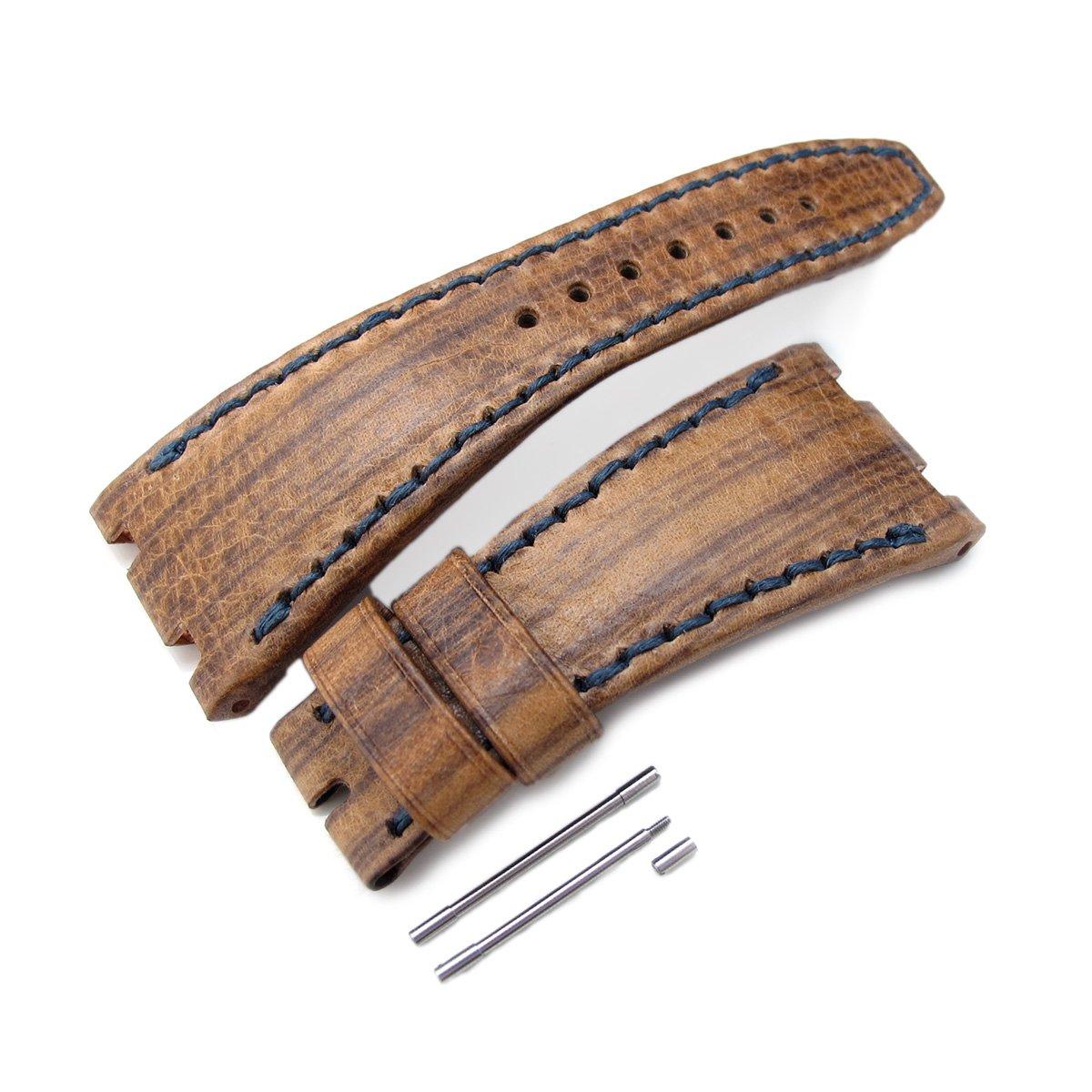 Brown Oak Wood Leather of Art Watch Strap, Wax thread Dark Navy Stitching, custom made for Audemars Piguet, фото 1
