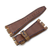 Brown Oak Wood Leather of Art Watch Strap, Wax thread Dark Navy Stitching, custom made for Audemars Piguet, фото 4
