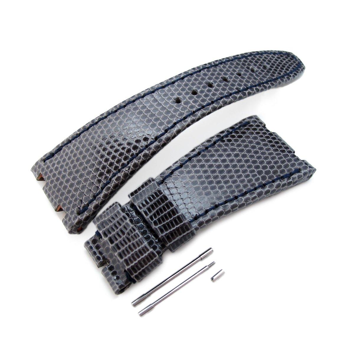 Dark Grey Genuine Lizard Leather Watch Strap, Wax thread Dark Navy Stitching, custom made for Audemars Piguet, фото 1