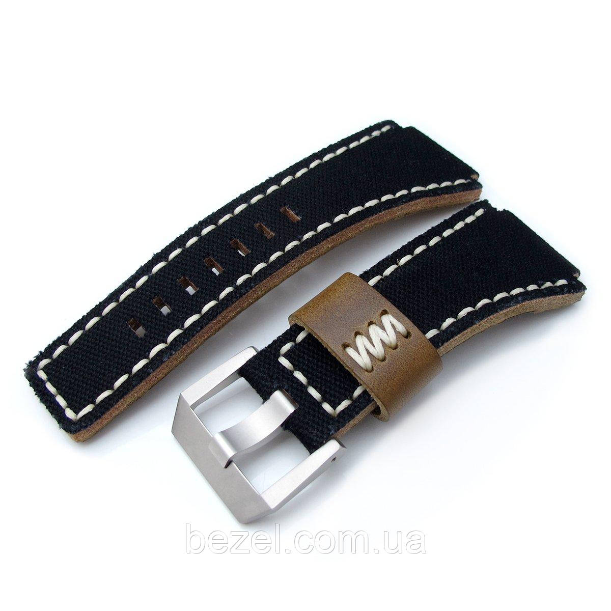 MiLTAT Black Canvas Bell & Ross BR01 Type Replacement Watch Strap, Beige Wax Stitching