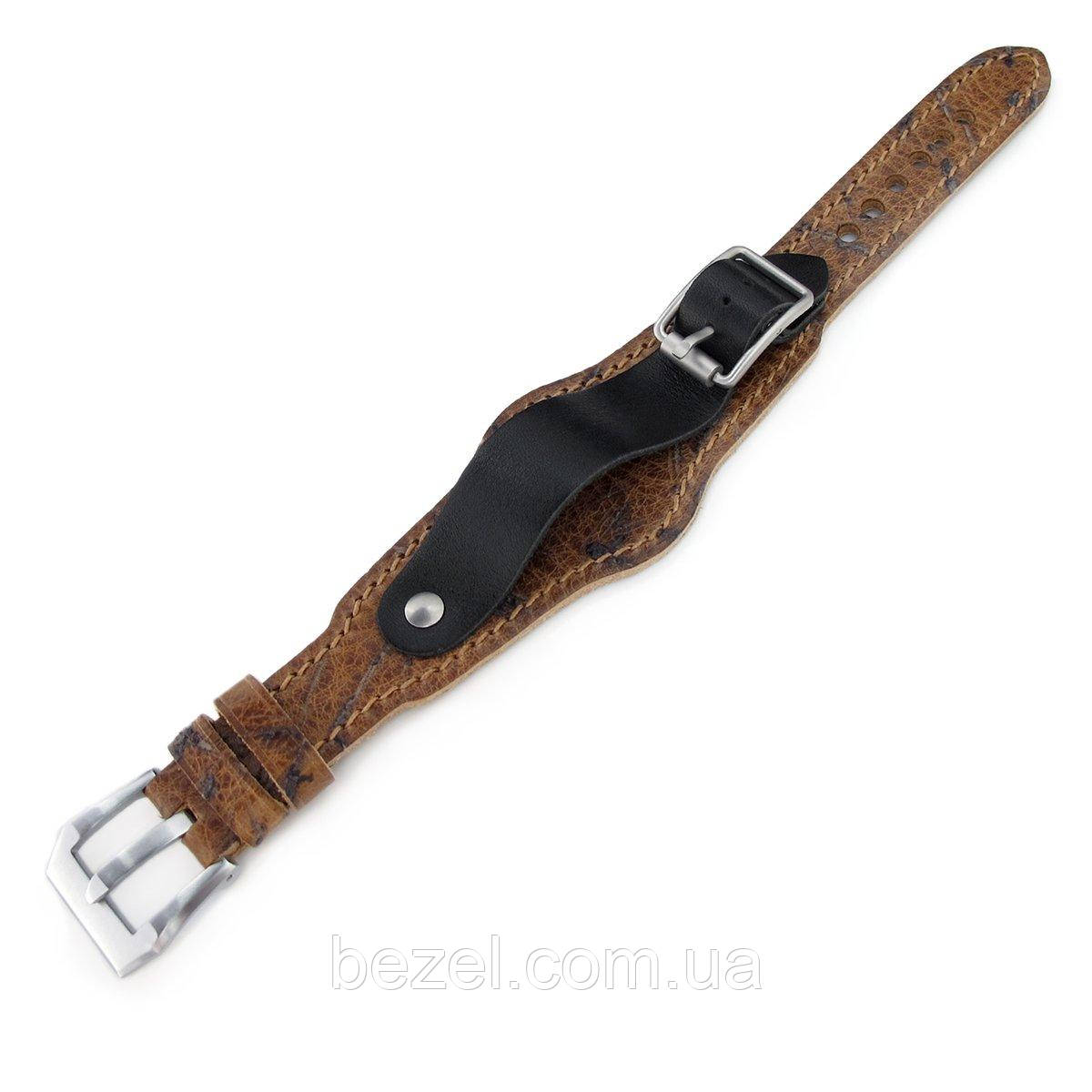 20mm Hezzo Bund Military Style Double-layer Watch Strap, Heavy Scratch Brown Leather of Art