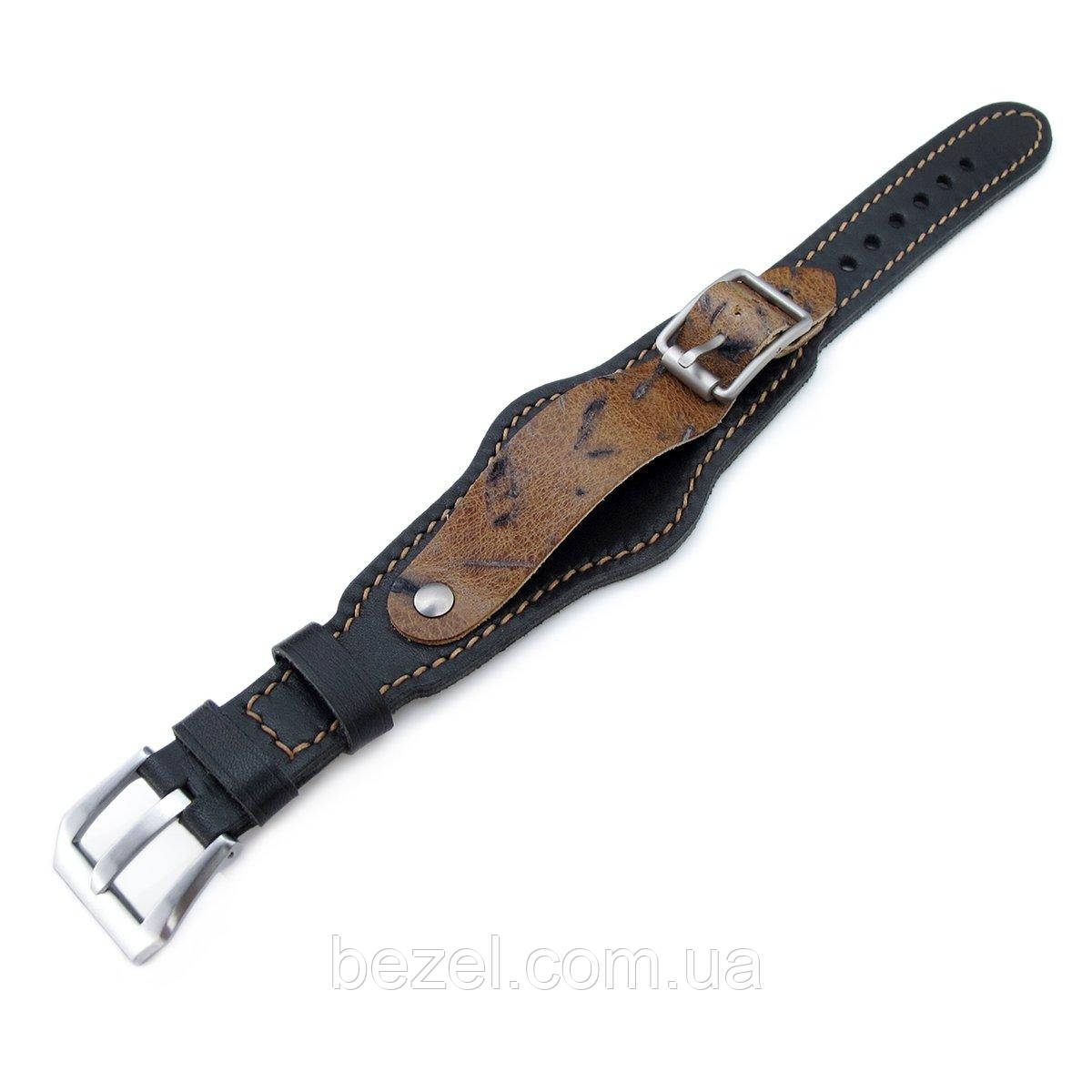 20mm Hezzo Bund Military Style Double-layer Watch Strap, Black Italian Leather