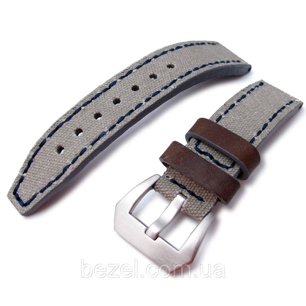 20mm, 22mm MiLTAT Military Grey Leather Washed Canvas Ammo Watch Strap in Blue Stitches