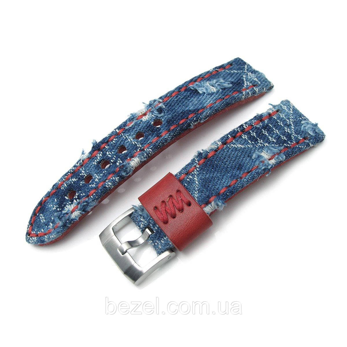 22mm MiLTAT Zizz Collection Distressed Denim Watch Strap Red Wax Hand Stitching