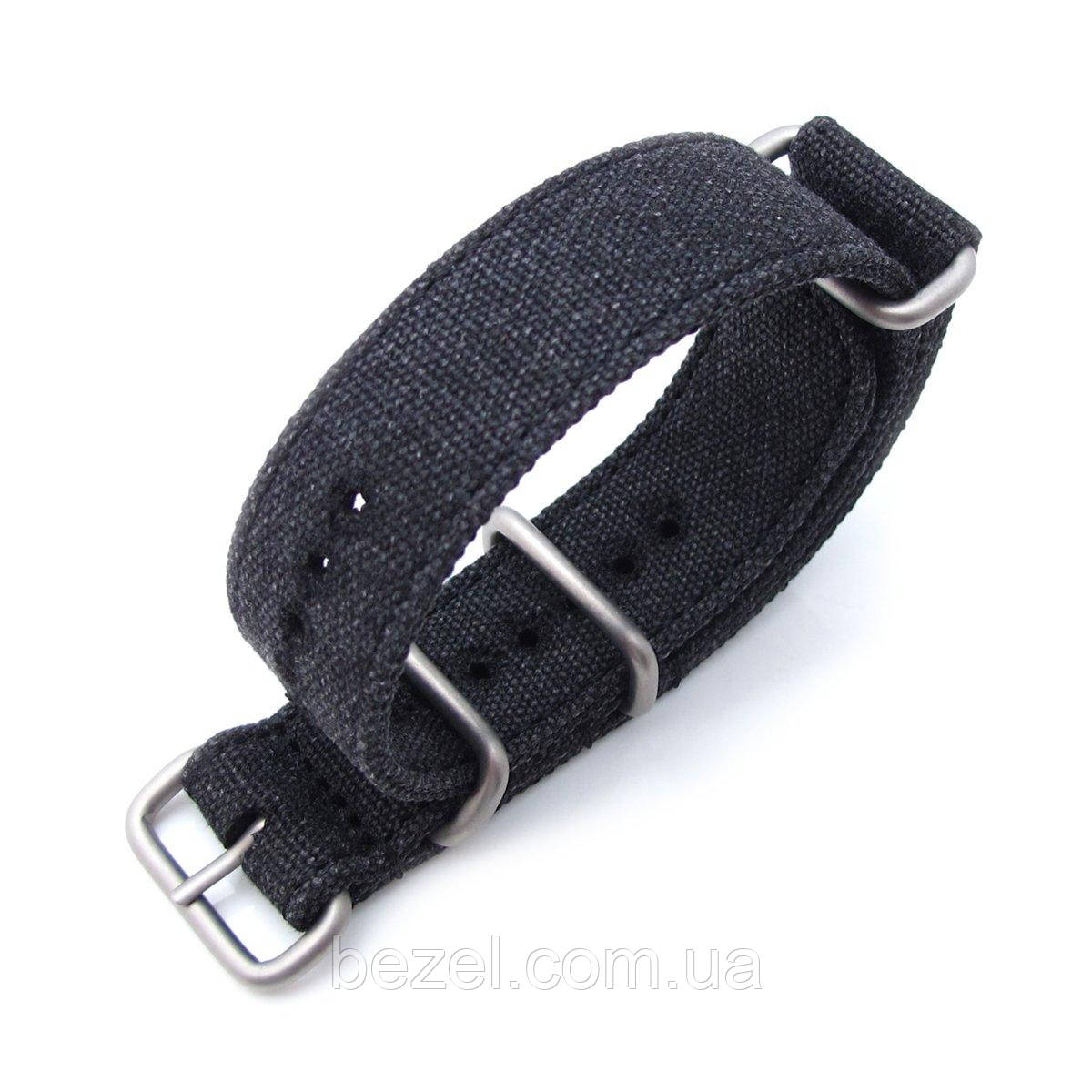 MiLTAT 20mm Washed Canvas Zulu Black Double Thickness Watch Strap, Lockstitch Round Hole