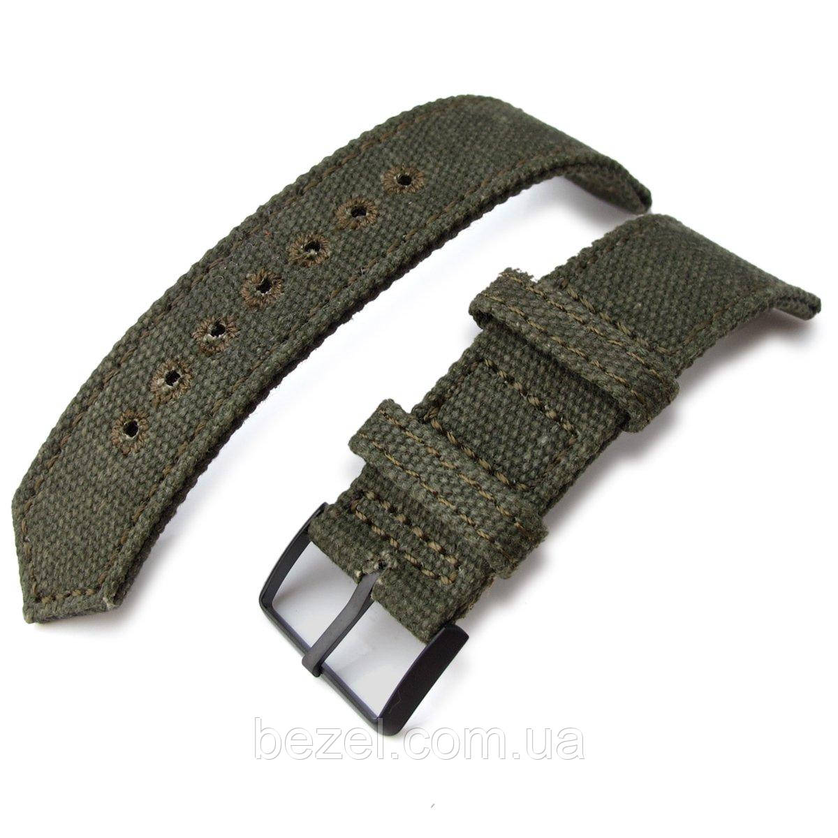 20mm, 21mm or 22mm MiLTAT WW2 2-piece Military Green Washed Canvas Watch Band with lockstitch round hole, PVD