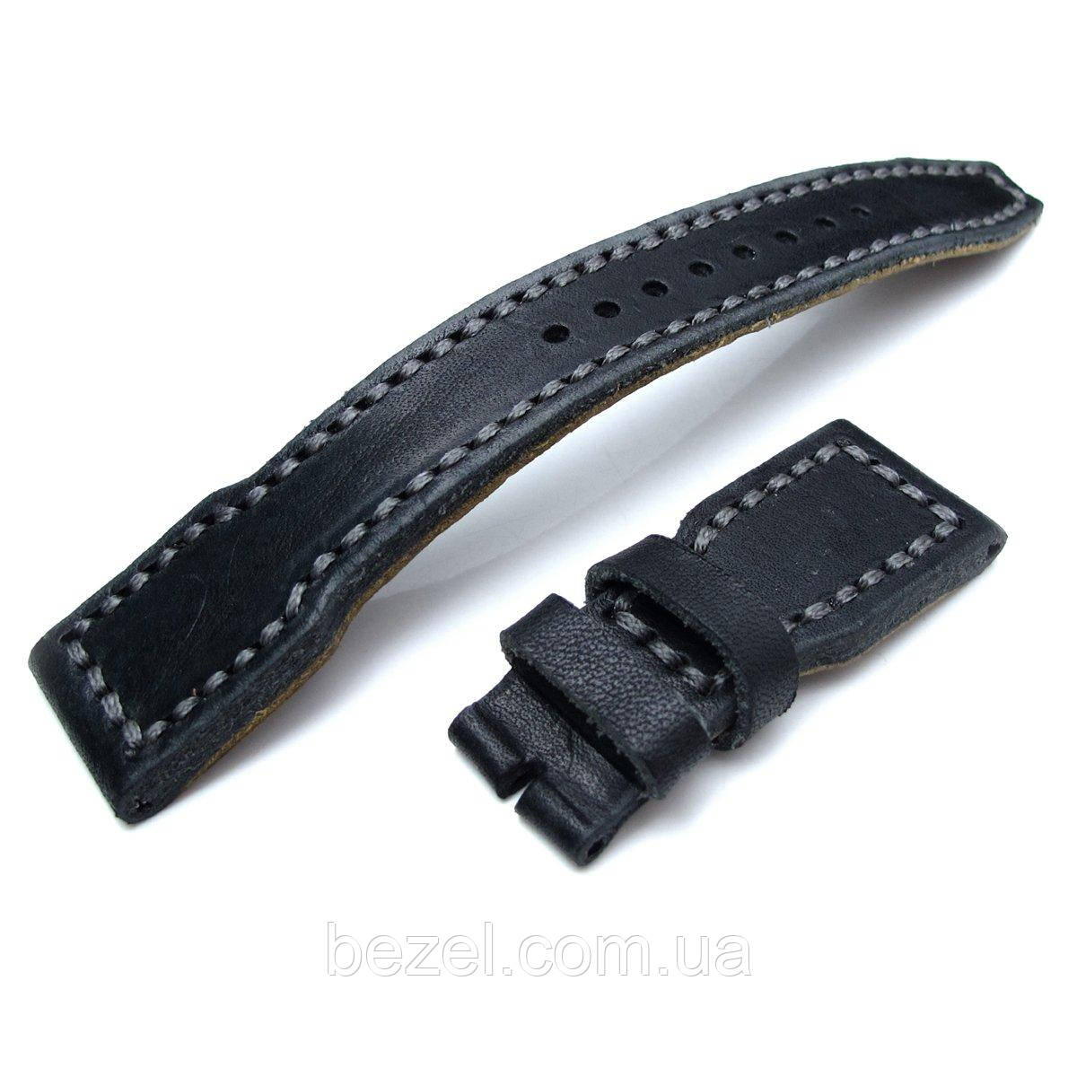 22mm MiLTAT Pull Up Leather Black IWC Big Pilot replacement Strap, Grey Wax Hand Stitching