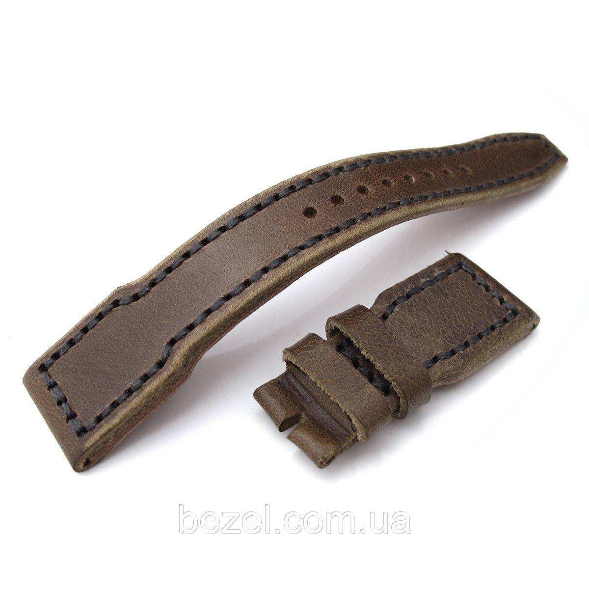22mm MiLTAT Pull Up Leather Chestnut Brown IWC Big Pilot replacement Strap, Charcoal Grey Wax Hand Stitching