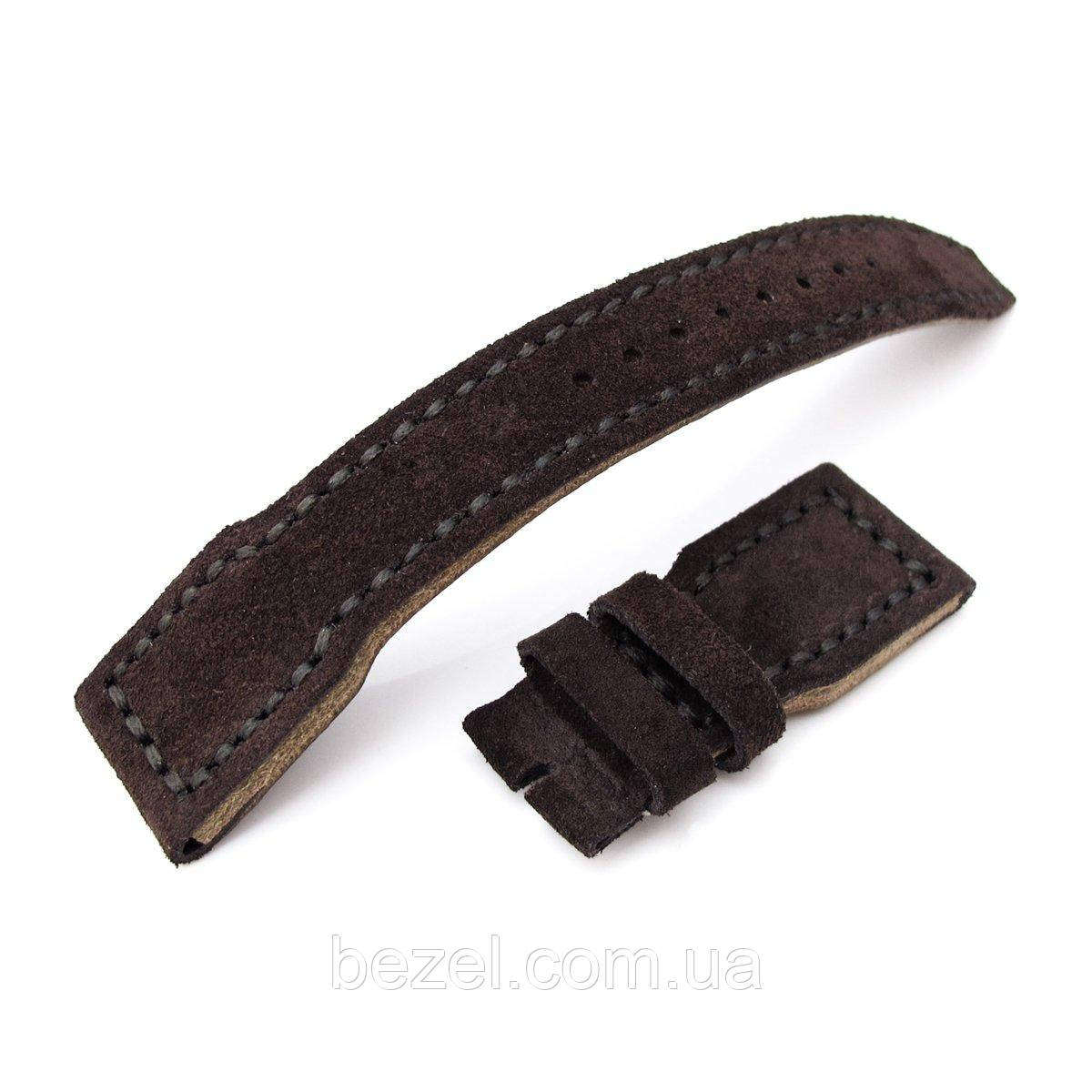 22mm MiLTAT Genuine Suede Dark Brown IWC Big Pilot replacement Strap, Charcoal Grey Wax Hand Stitching