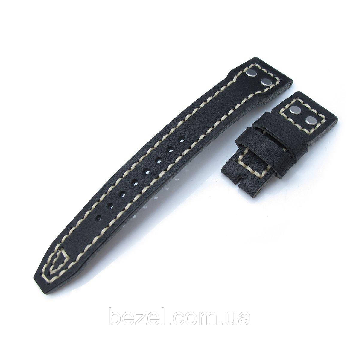 22mm MiLTAT Black Pull Up Italian Leather IWC Big Pilot replacement Strap, Rivet Lug