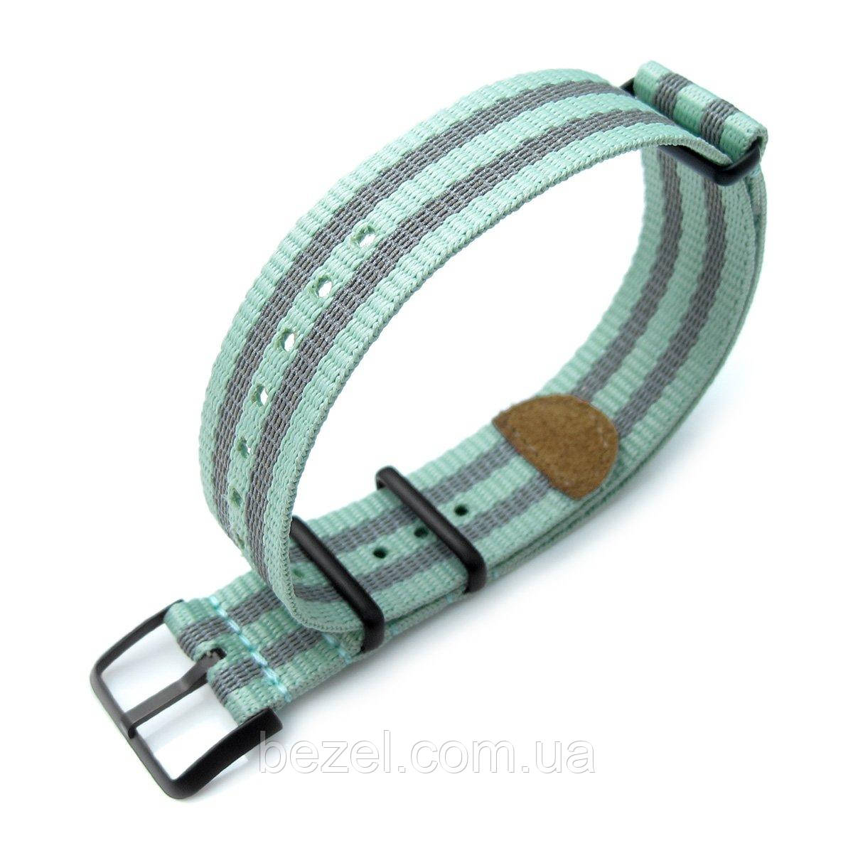 MiLTAT 20mm G10 NATO 3M Glow-in-the-Dark Watch Strap, PVD Black - Pastel Green & Grey Stripes