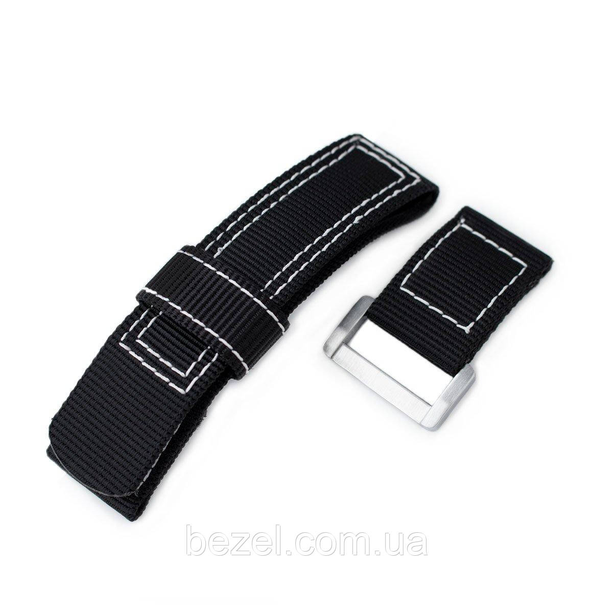 20mm, 22mm or 24mm MiLTAT Black Nylon Hook and Loop Fastener Watch Strap, White Stitching, Brushed Buckle