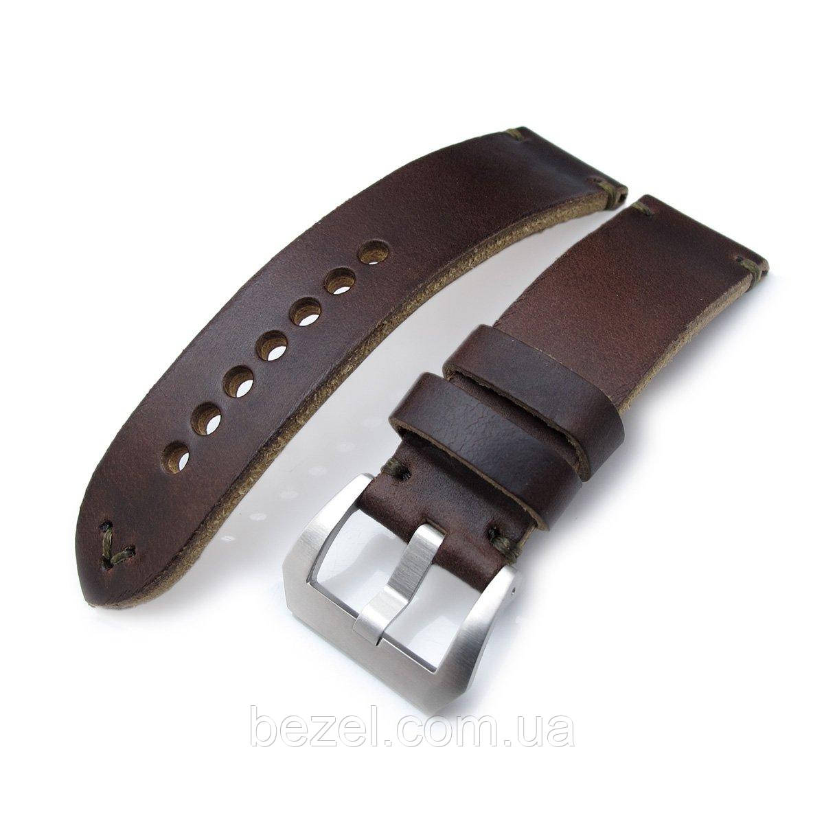 24mm MiLTAT Horween Chromexcel Watch Strap, Brown Matte, Military Green Stitching