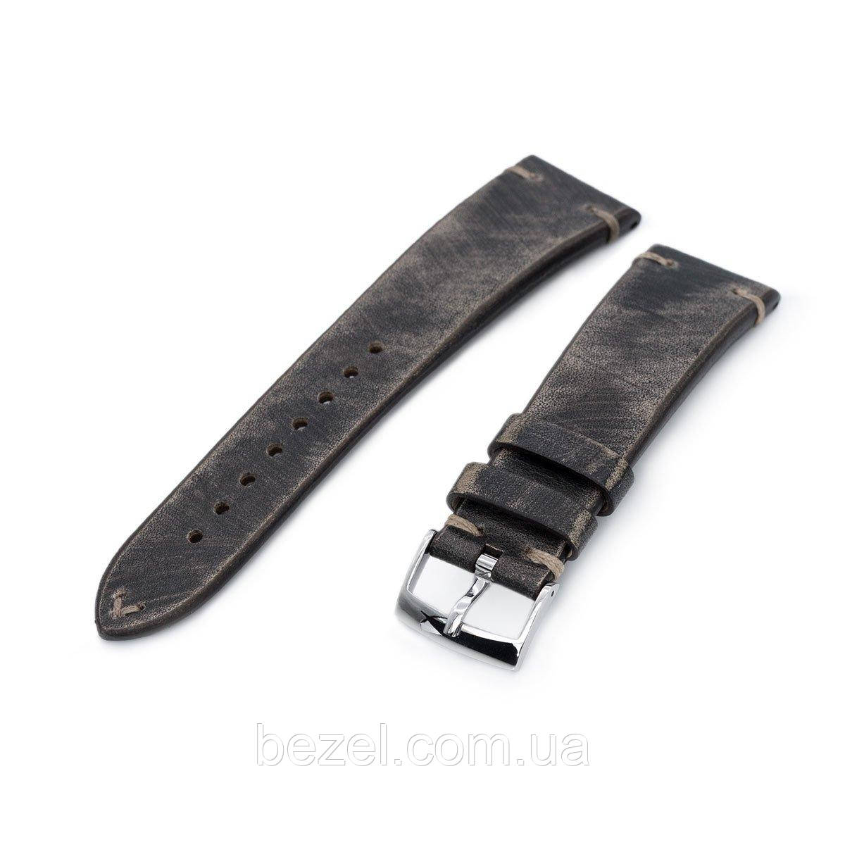 22mm MiLTAT Italian Handmade Brushed Blackish Brown Watch Strap, Khaki Stitching
