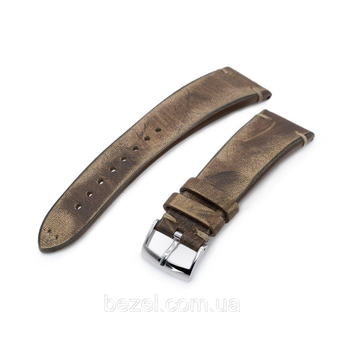 22mm MiLTAT Italian Handmade Brushed Brown Watch Strap, Khaki Stitching
