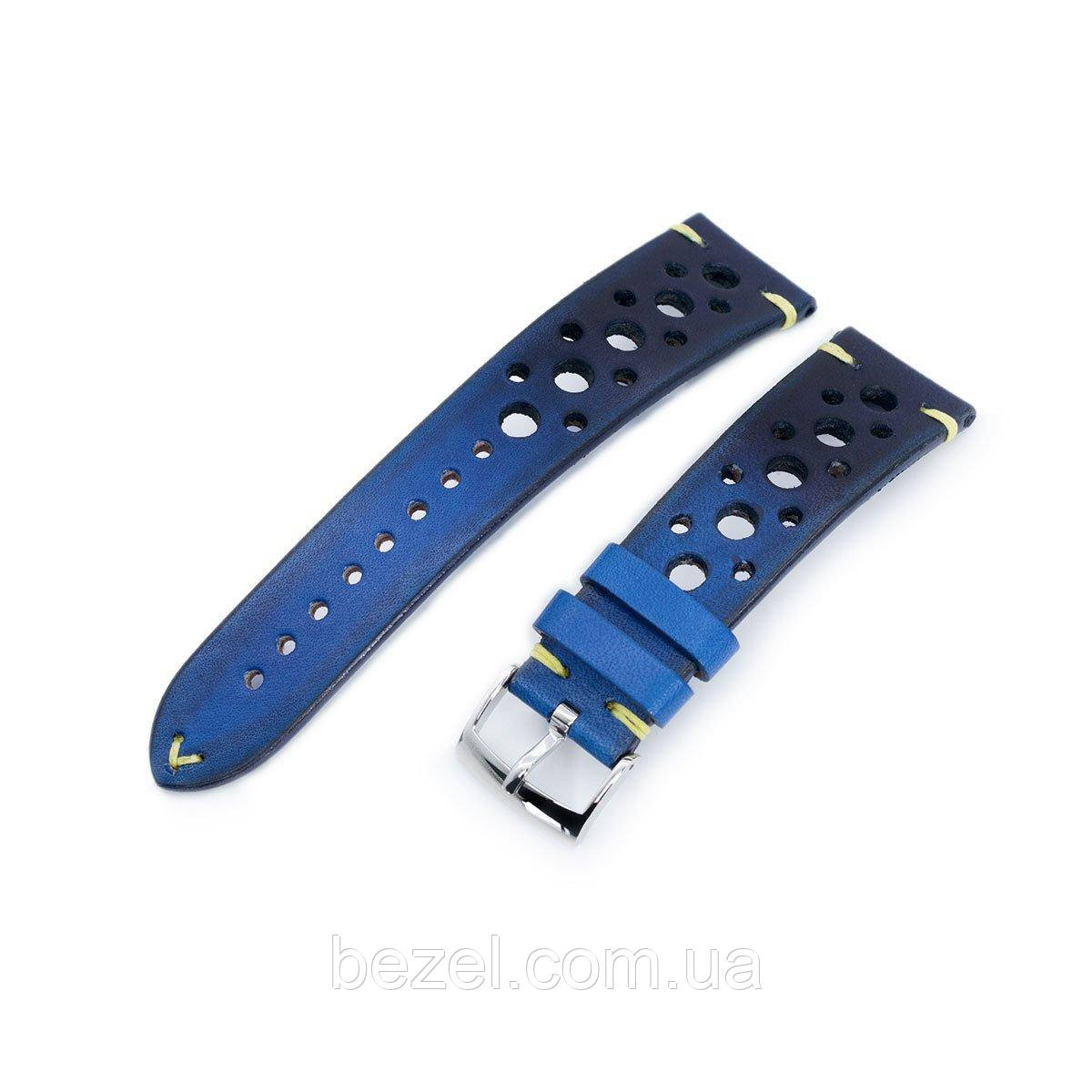 20mm or 22mm MiLTAT Italian Handmade Racer Vintage Blue Jeans Watch Strap, Yellow Stitching
