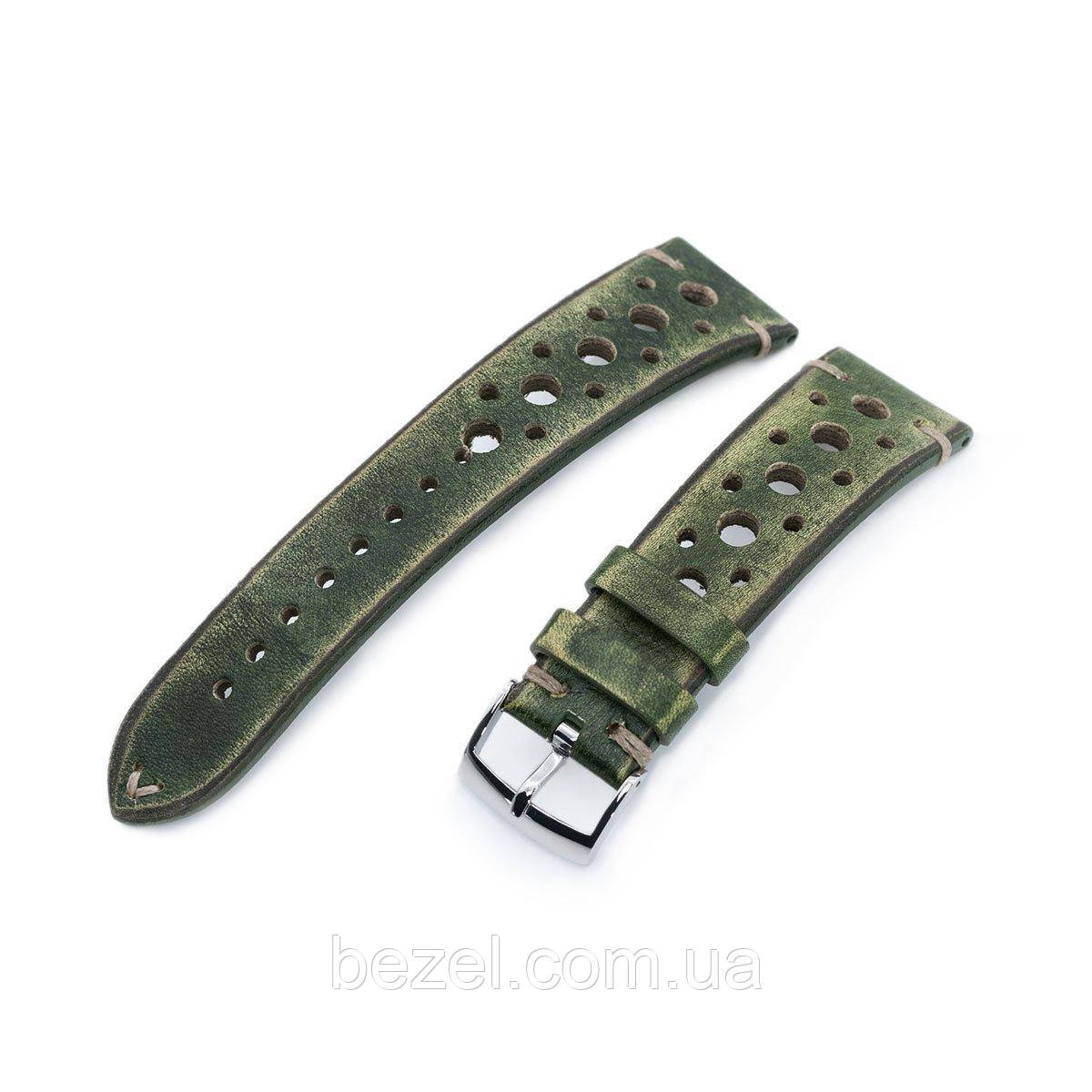 20mm or 22mm MiLTAT Italian Handmade Racer Vintage Green Watch Strap, L. Brown Stitching