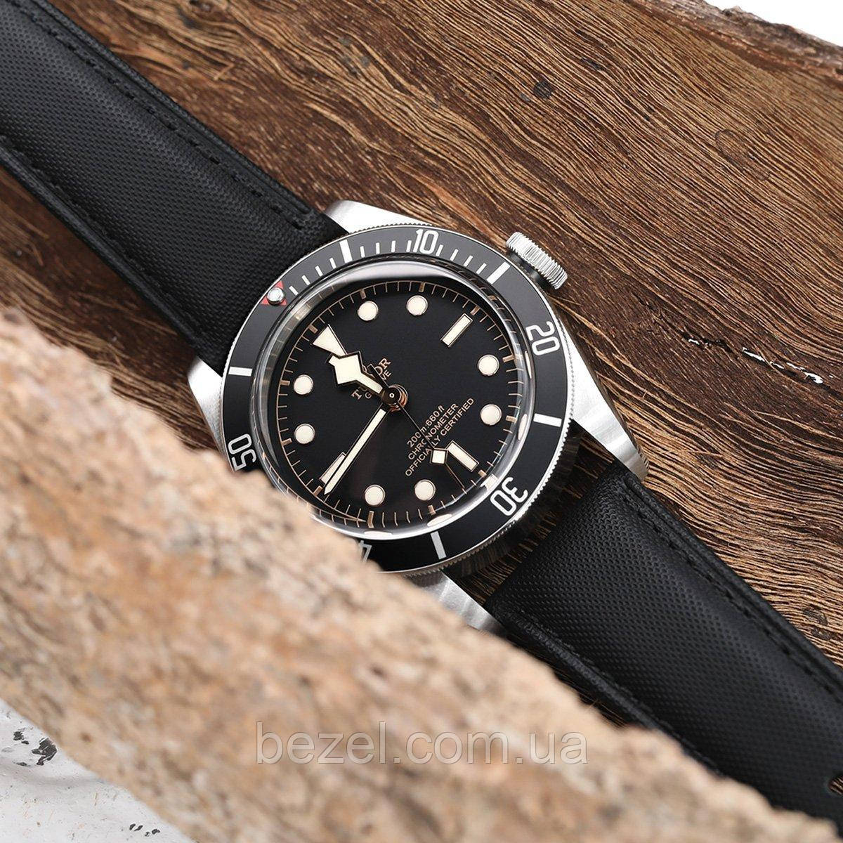 20mm or 22mm Black Kevlar Finish Watch Strap, Black Stitching, Brushed