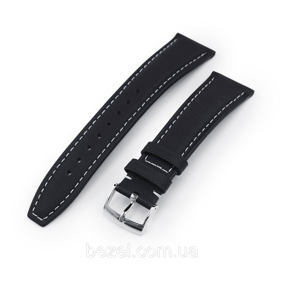 20mm or 22mm Black Kevlar Finish Watch Strap, Beige Stitching, Polished
